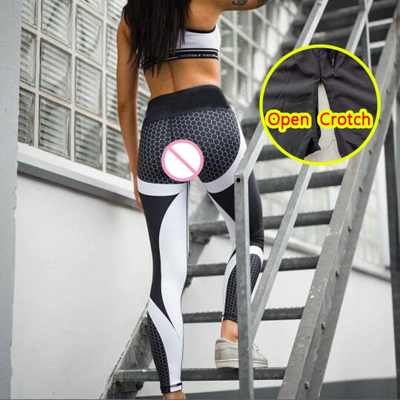 Frau Öffnen Gabelung Sexy Leggings Erotische Ouvert Sport Hot Pants Atmungsaktive Elastische Jog Mesh Club Druck Tuch Outdoor Sex