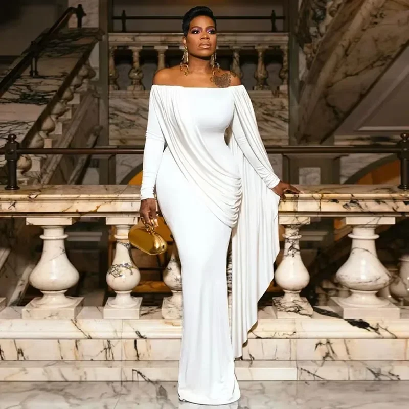 

Elegant Off The Shoulder Ruched Bodycon Maxi Dress Women Evening Party Club Slash Neck Long Sleeve Night Birthday Long Dresses