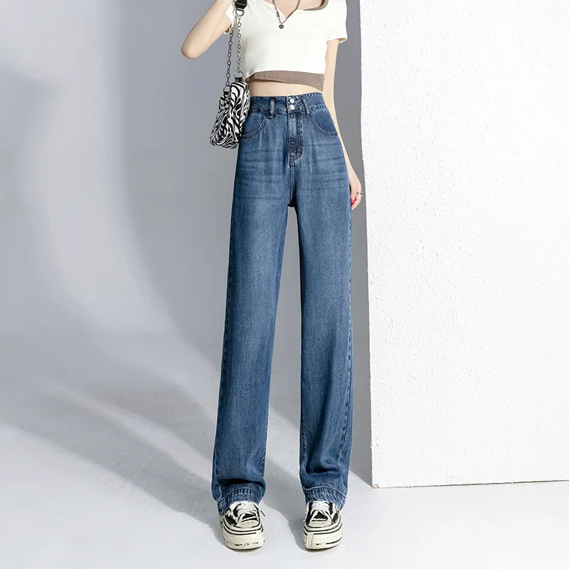 

Zipper Blue Casual Denim Wide Leg Pants for Women Slim and Breathable Cool and High-quality Loose Straight Leg Pants for Summer