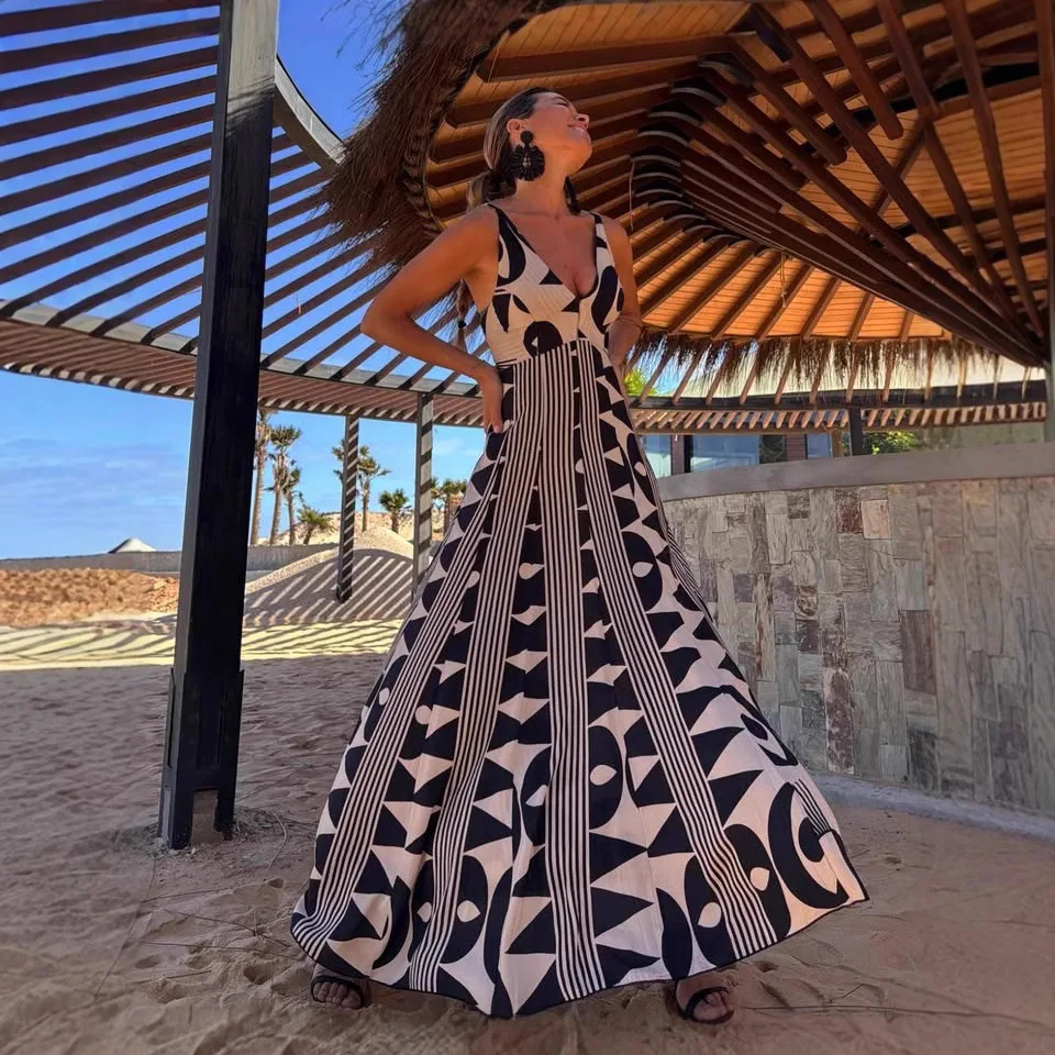 

Summer Print Long Dresses Women Sexy Deep V-neck A-line Sleeveless Maxi Dress Fashion Casual Beach Vacation Style Vestidos 2025