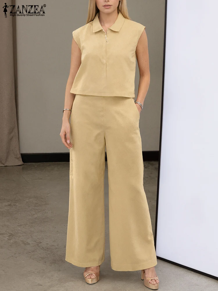

ZANZEA, летние женские элегантные комплекты брюк, мода 2025 года, 2 предмета, повседневные рубашки без рукавов на молнии и длинные брюки, костюм из двух предметов