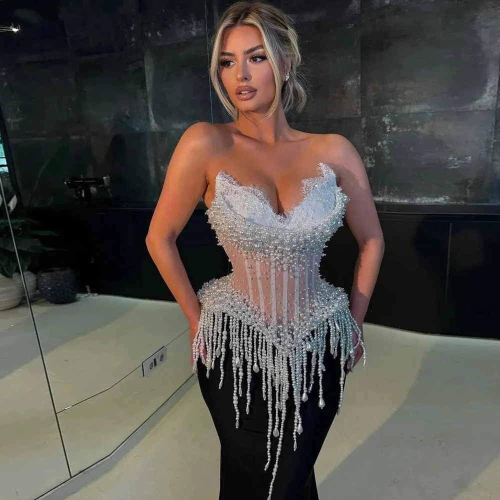 Customized Corset Evening Dresses Sweetheart Rhinestone Mermaid Wedding Party Gown Black Satin vestidos de gala Sweep Train