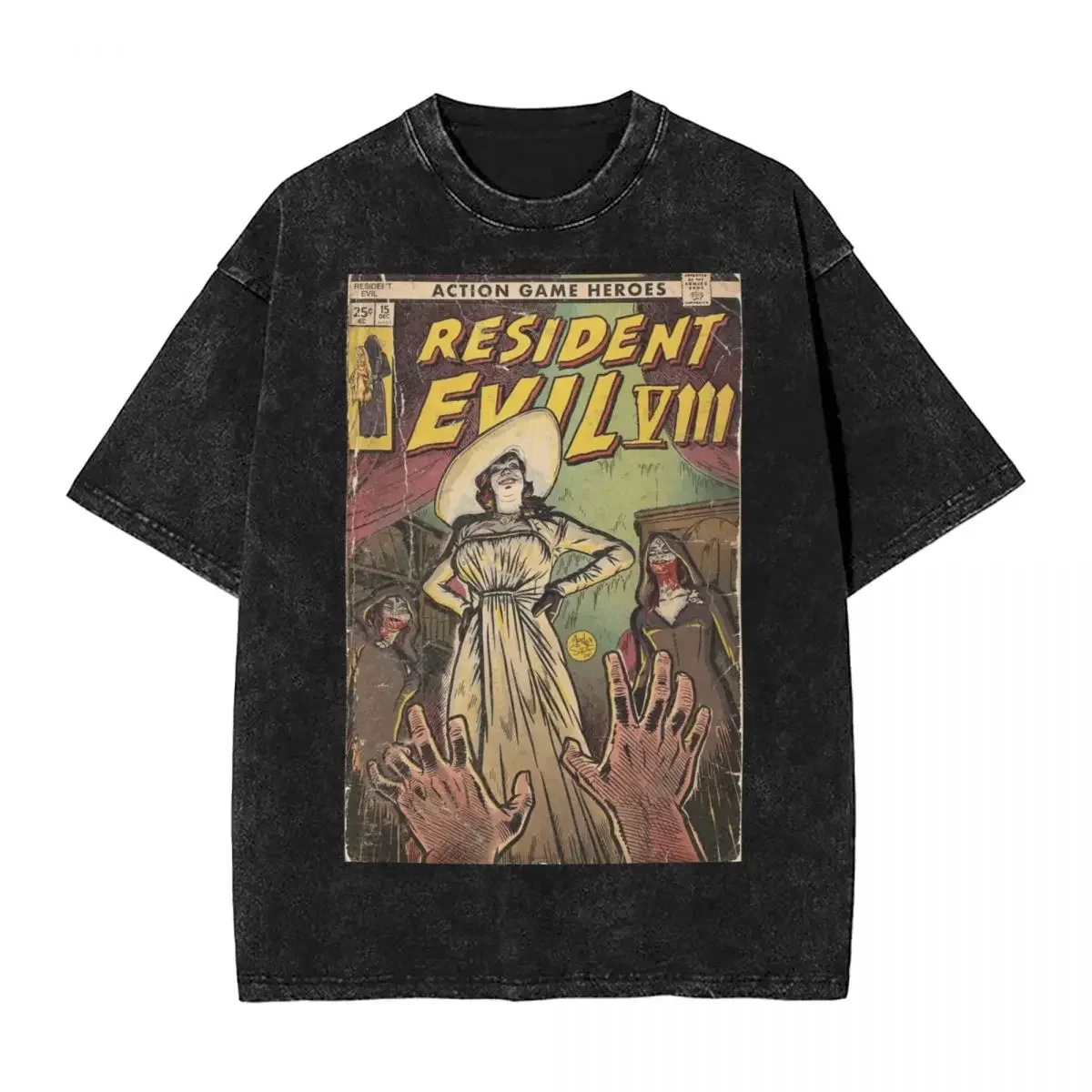 バイオハザード 8 ファンアートコミックカバー Tシャツヒップホップ洗浄綿 Tシャツホラーゲームヴィンテージ男性女性プリント Tシャツ