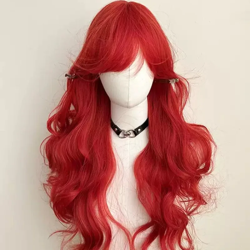 Red Long Wavy Wig for Women, Mermaid Style Middle Part Big Wave Synthetic Hair Wig, Full Head Cosplay Daily Party Wig