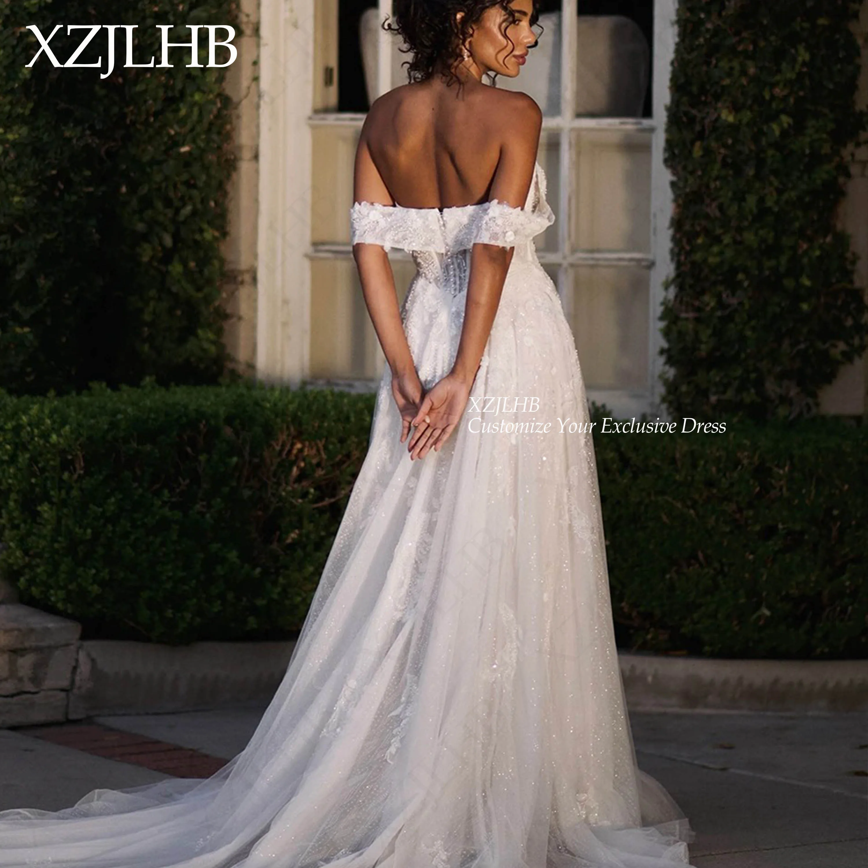 XZJLHB Glitter Tulle High Split Wedding Dress Sequined Lace Appliques Bride Dresses Off The Shoulder A-Line Bridal Gown Customiz