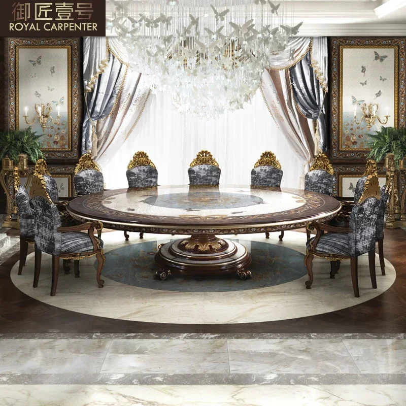 Dining room furniture Italian solid wood carved table villa European shell mosaic painting round table chair combination