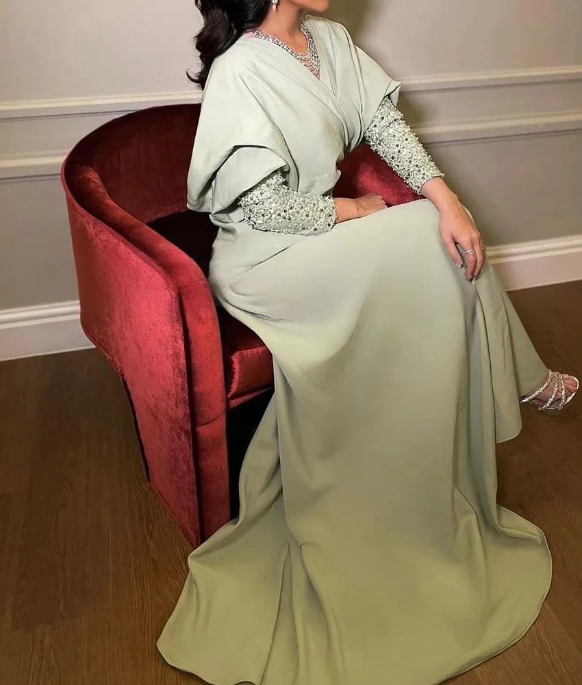 カスタマイズされた優雅なジャージーマーメイドクリスタルスパンコールイブニングドレス繊細な長袖Vネックフロアレングスホームカミングドレス