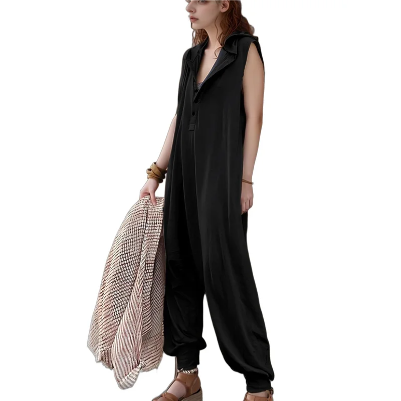ABRT-dames jumpsuit met knopen, mouwloze jumpsuit met capuchon, outfit, rompertjes, overall met zakken