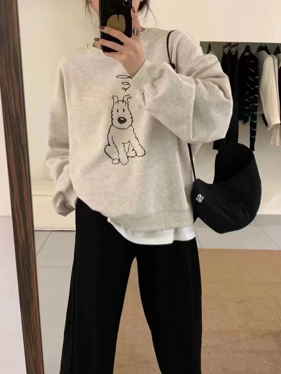 เสื้อฮู้ดดี้ลายการ์ตูนสุนัขตัวน้อย ดีไซน์หลวม สไตล์ลำลอง รุ่นใหม่ ฤดูใบไม้ผลิ/ฤดูใบไม้ร่วง 2024  แบบสองชิ้นในตัวเดียว