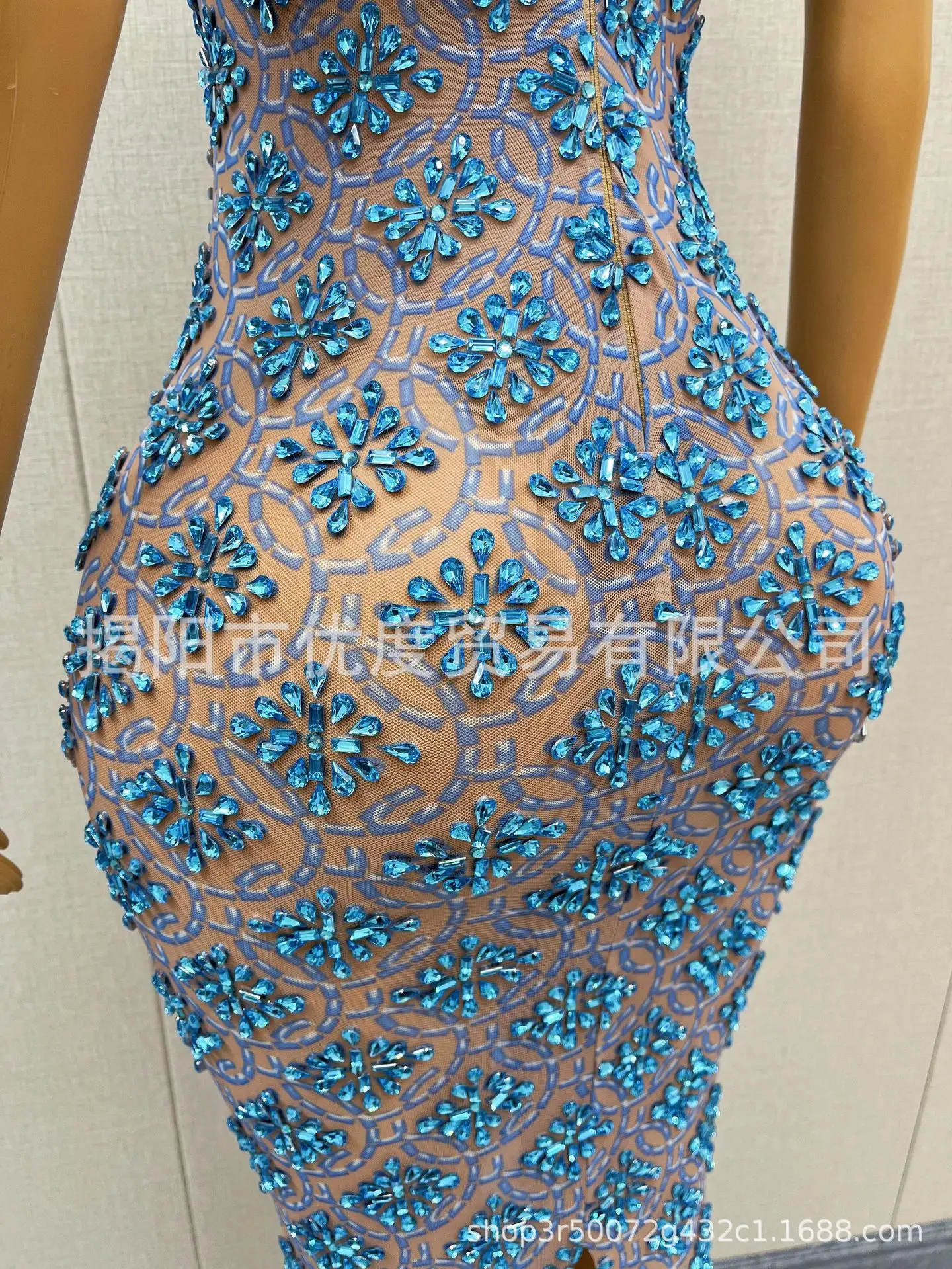 أنيقة المحيط الأزرق الماس تألق حجر الراين فستان شبكي كوكتيل حفلة ليلة مرحلة الأداء طويل التناسخ من أي وقت مضى جميلة