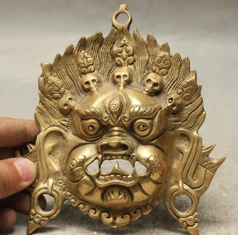 FREE Shipping Tibet Buddhism Copper Brass Vajra Mahakala Buddha Head Mask Statue Wall Hanging