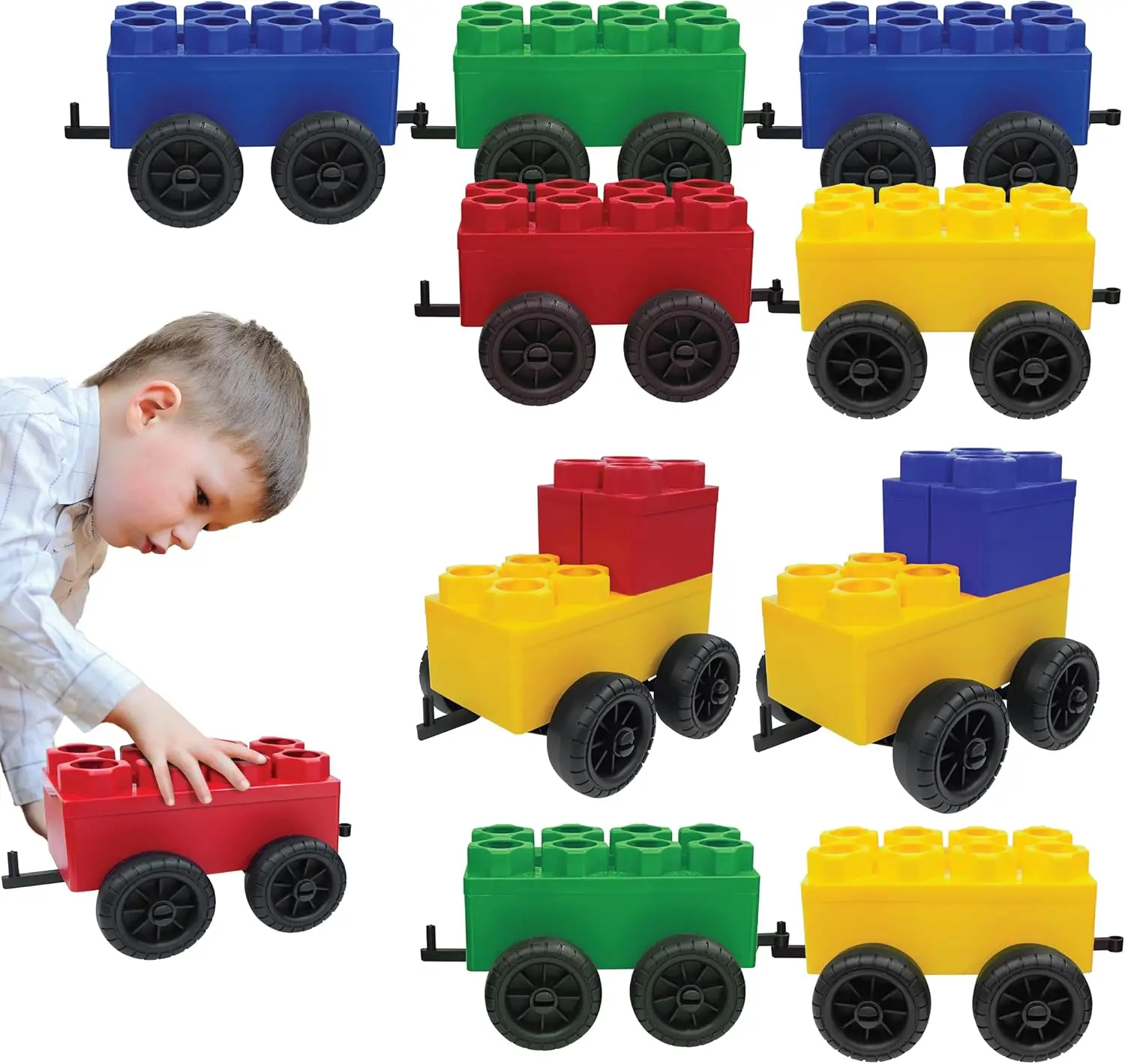 

Big Building Blocks - Blocks and Wheels - Toddlers and Kids Ages 4-8 - Large Indoor Outdoor Games - 10 PC Wheel Set
