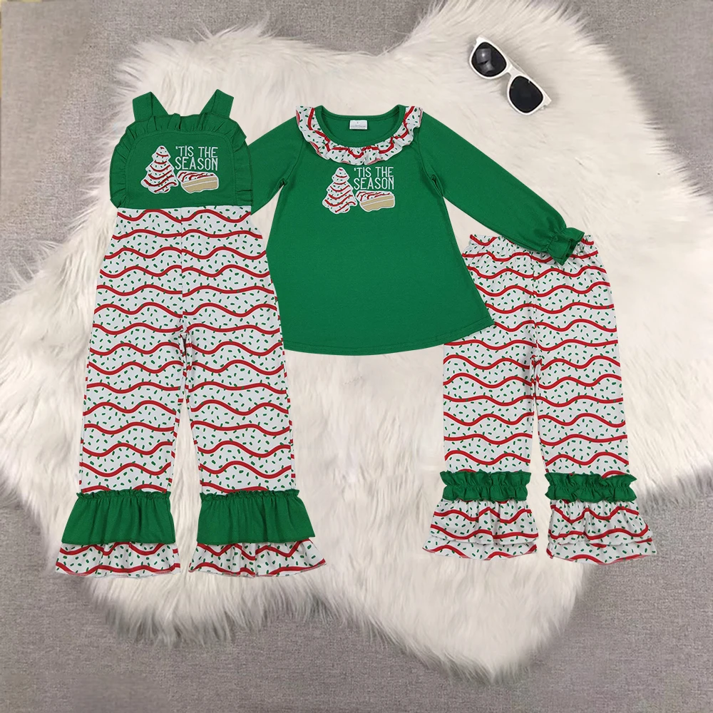 

Sibling Baby Girls Christmas Tree Cake Tunic Ruffle Pants Set Seasonal Outfit 'Tis the Season Holiday Jumpsuit for Girls
