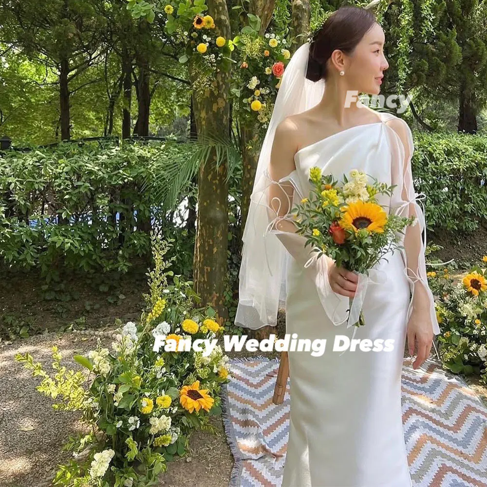 

Fancy Simple One Shoulder Wedding Dress Mermaid Soft Satin Bridal Gown Floor Length Back Corset Customized