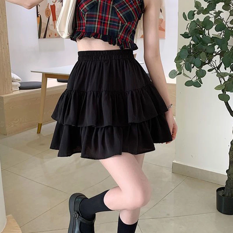 Pleated A-Line Skirt Women White Ruffle Sweet Tierred Pretty Style Skirt Elastic Waist Summer Slim Basic Korean Harajuku Dress