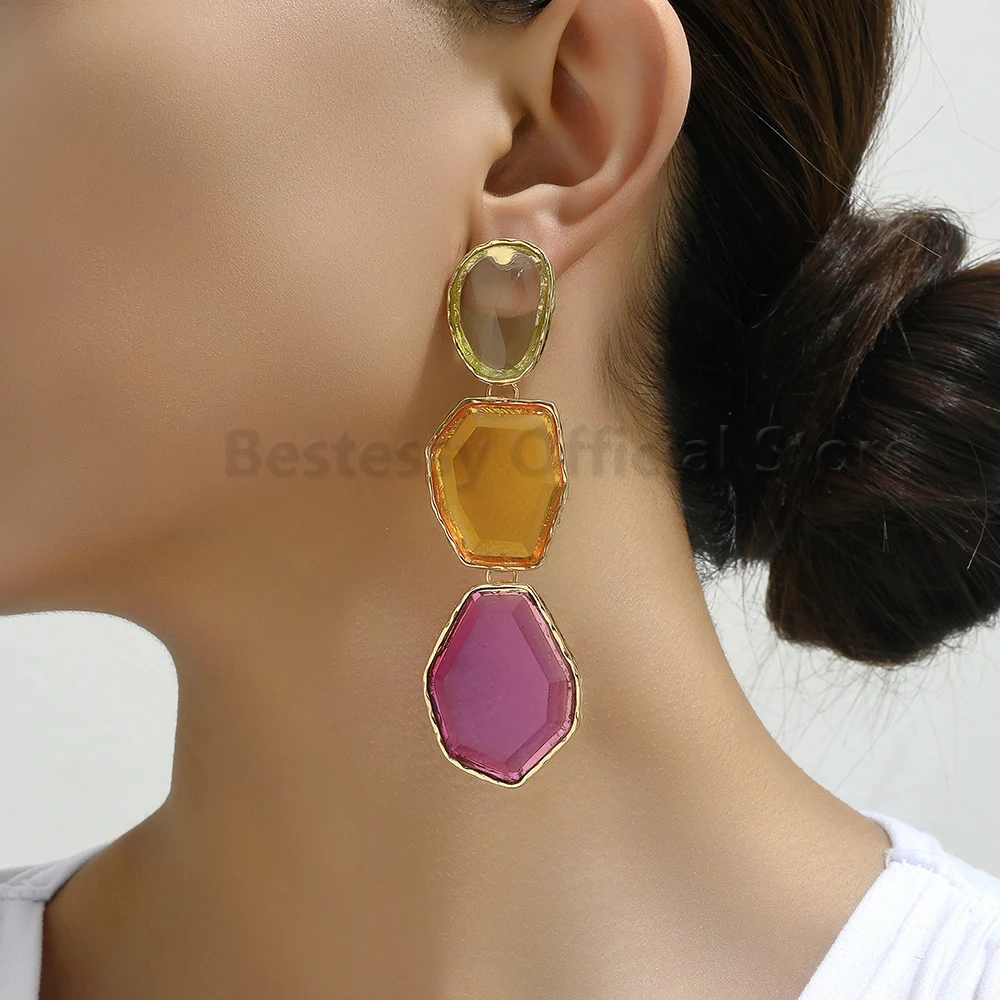 Fashion Simple Polygonal Earrings For Women Luxury Vintage Design Metal Resin Colorful Pendant Party Statement Jewelry Girl Gift