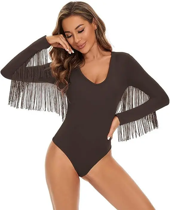 Long Sleeve Tights V Neck Fringed onesie latin dance ballroom dance dress women competition