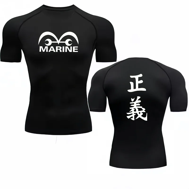 Bandai One Piece Men T-shirt Marine Justice Compression Fitness Gym Quick Dry Sport T Shirt Comfortable Breathable Streetwear