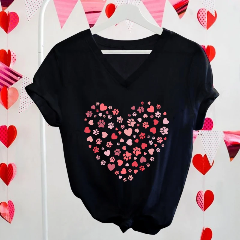 

Valentines Day Paw Heart Fashion T-shirts Animal Lover Gift Cute Heart Paw Print Cat and Dog Lover V-neck Short Sleeve T-shirt