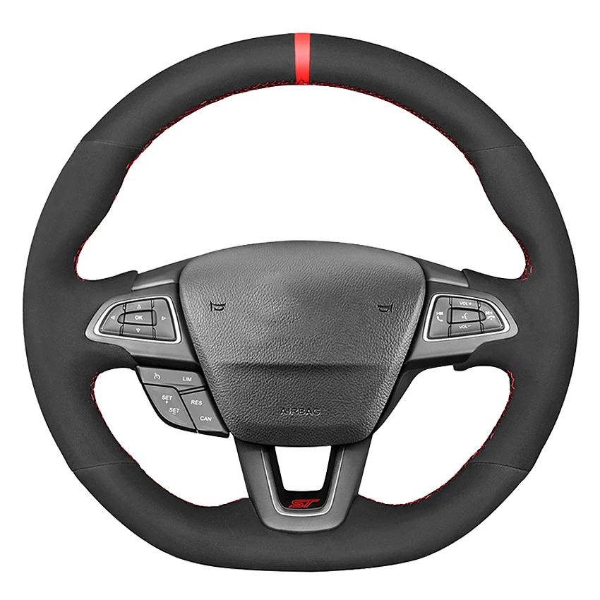 Black Suede Car Steering Wheel Cover For Ford Focus (RS | ST | ST-Line) 2015-2018 Kuga (ST-Line) Ecosport (ST-Line)