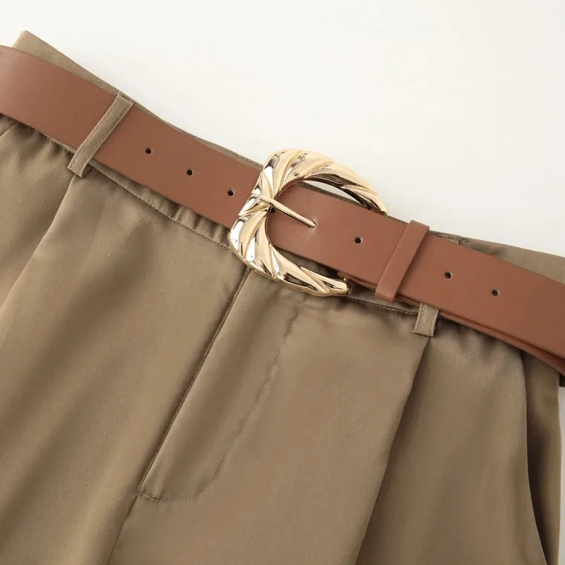 Calça feminina cáqui cintura média plissada perna larga – calça fluida de cetim com cinto e bolsos para uso casual de verão elegante