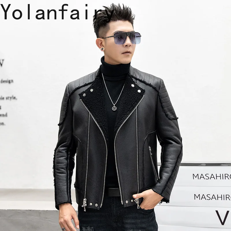 YOLANFAIRY جديد فاخر الشتاء الصوف الطبيعي معطف الفرو رجل قصير دافئ الرجال دراجة نارية سترة جلدية حقيقية معاطف جلد الغنم الحقيقي