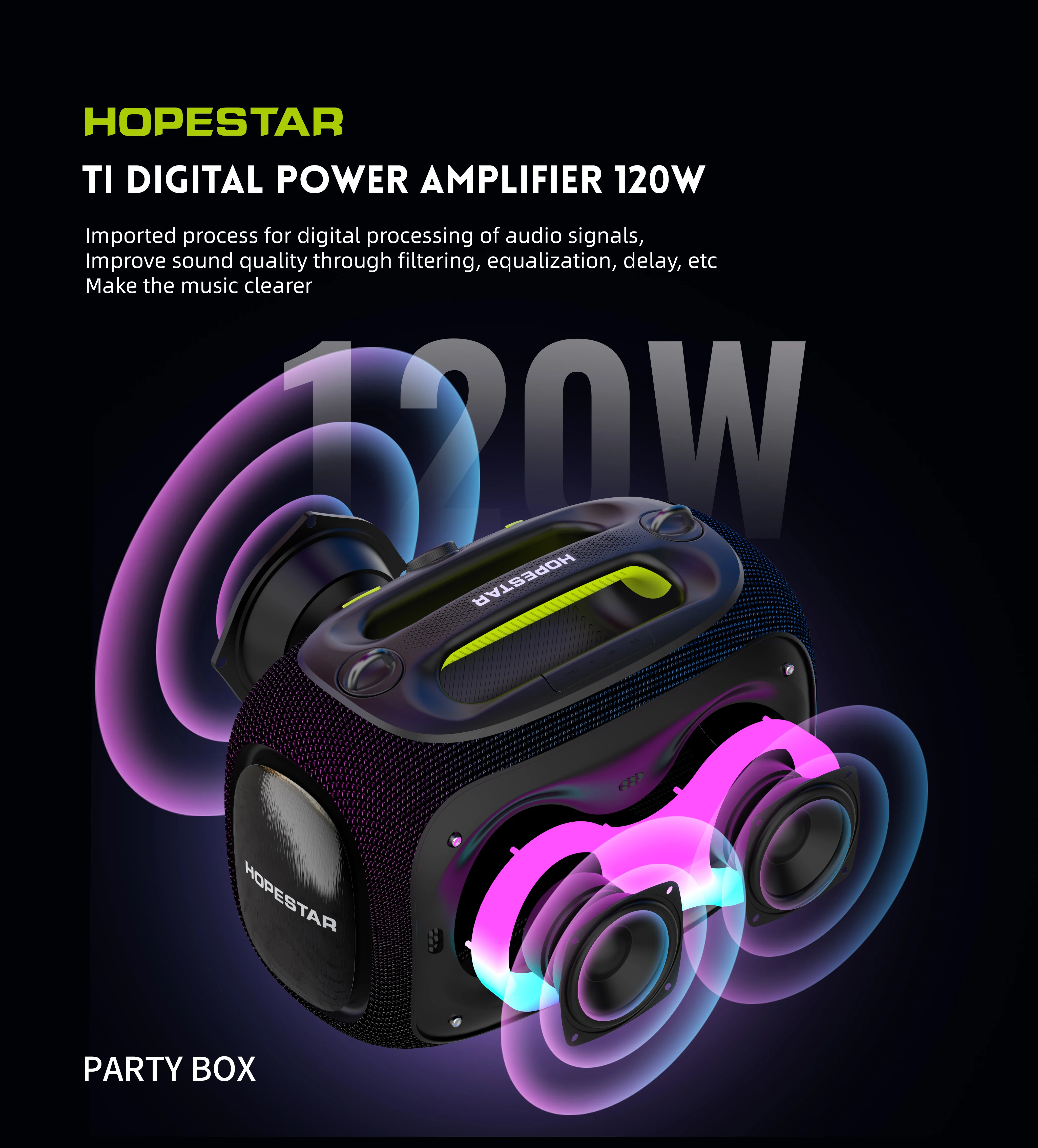 HOPE STAR PARTYBOX 120W Portable Karaoke Speaker with 2 Wireless Microphones with LED Lights, Supports AUX/USB/TF for Home Party