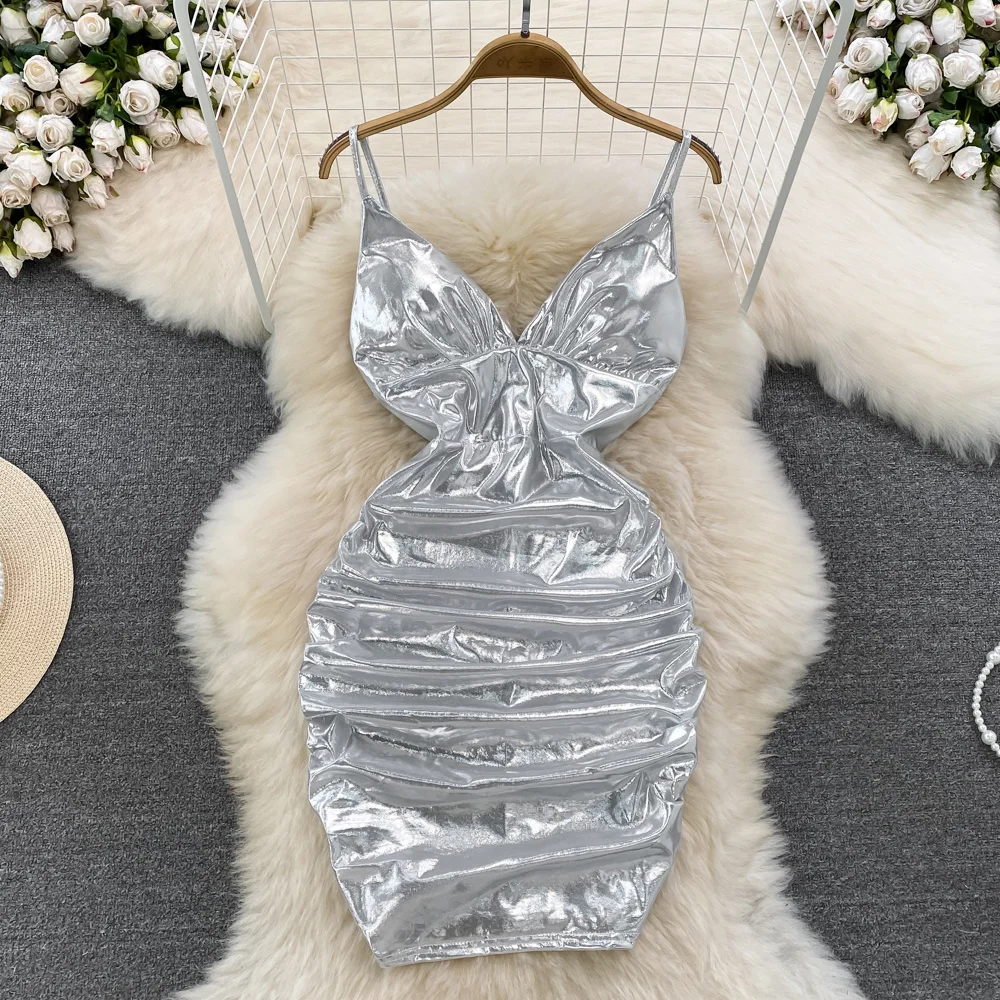 ssTss Sexy Metallic short Dress For Women 2024 Nightclub V-Neck Mini Dress Short Pleated Bodycon Mirror Dress Street