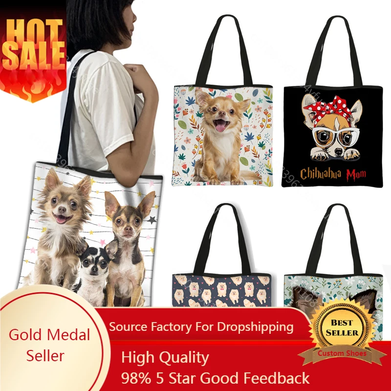 

Kawaii Pomeranian / Chihuahua Dog Print Tote Bags Women Handbag Cute Girls Canvas Shoulder Bag Ladies Large Shopping Bag