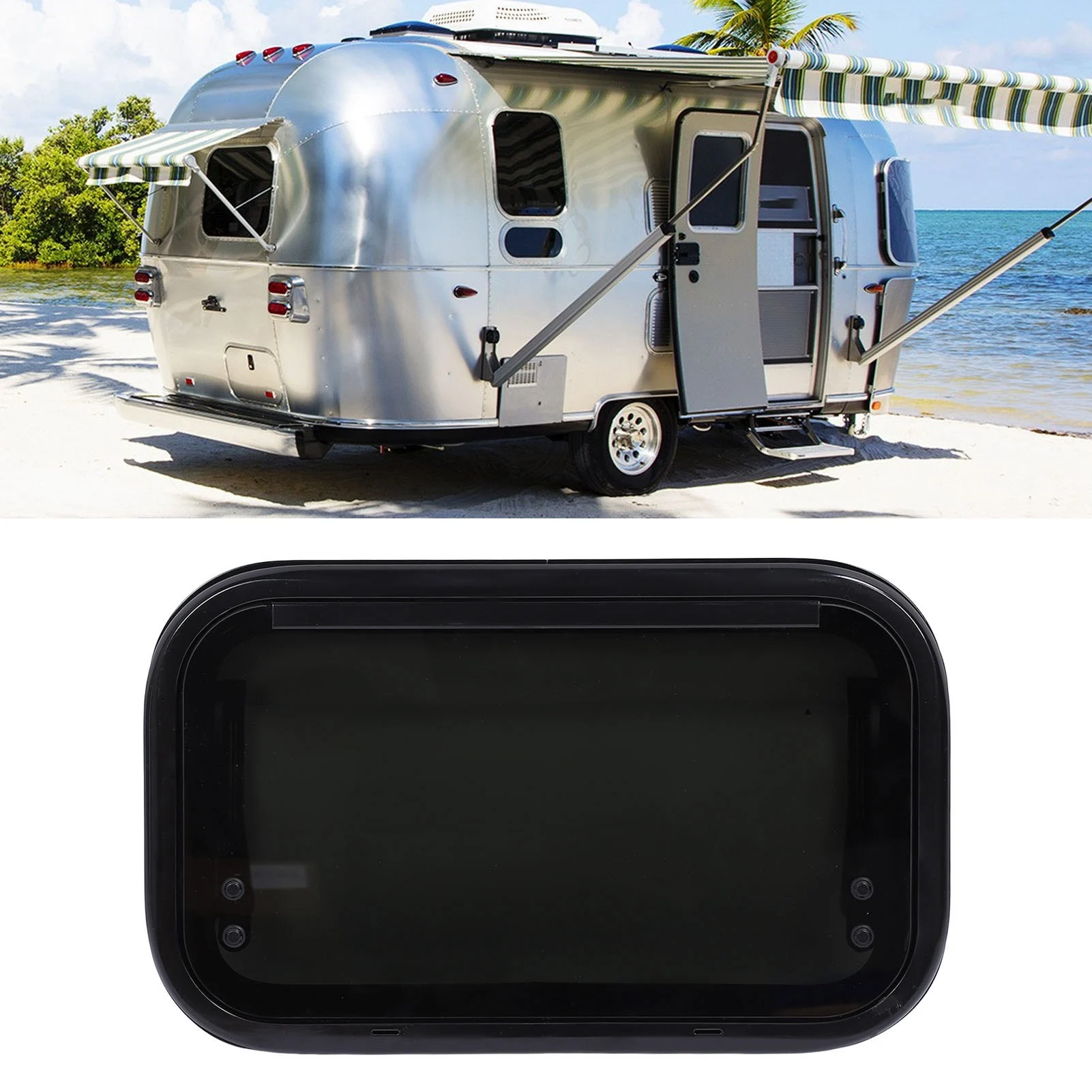 หน้าต่างแบบผลักออกสำหรับรถบ้าน ขนาด 20 x 12 นิ้ว พร้อมแกนไฮดรอลิก โครงยึดกันฝน มุมโค้งมน สำหรับรถแคมป์เปอร์