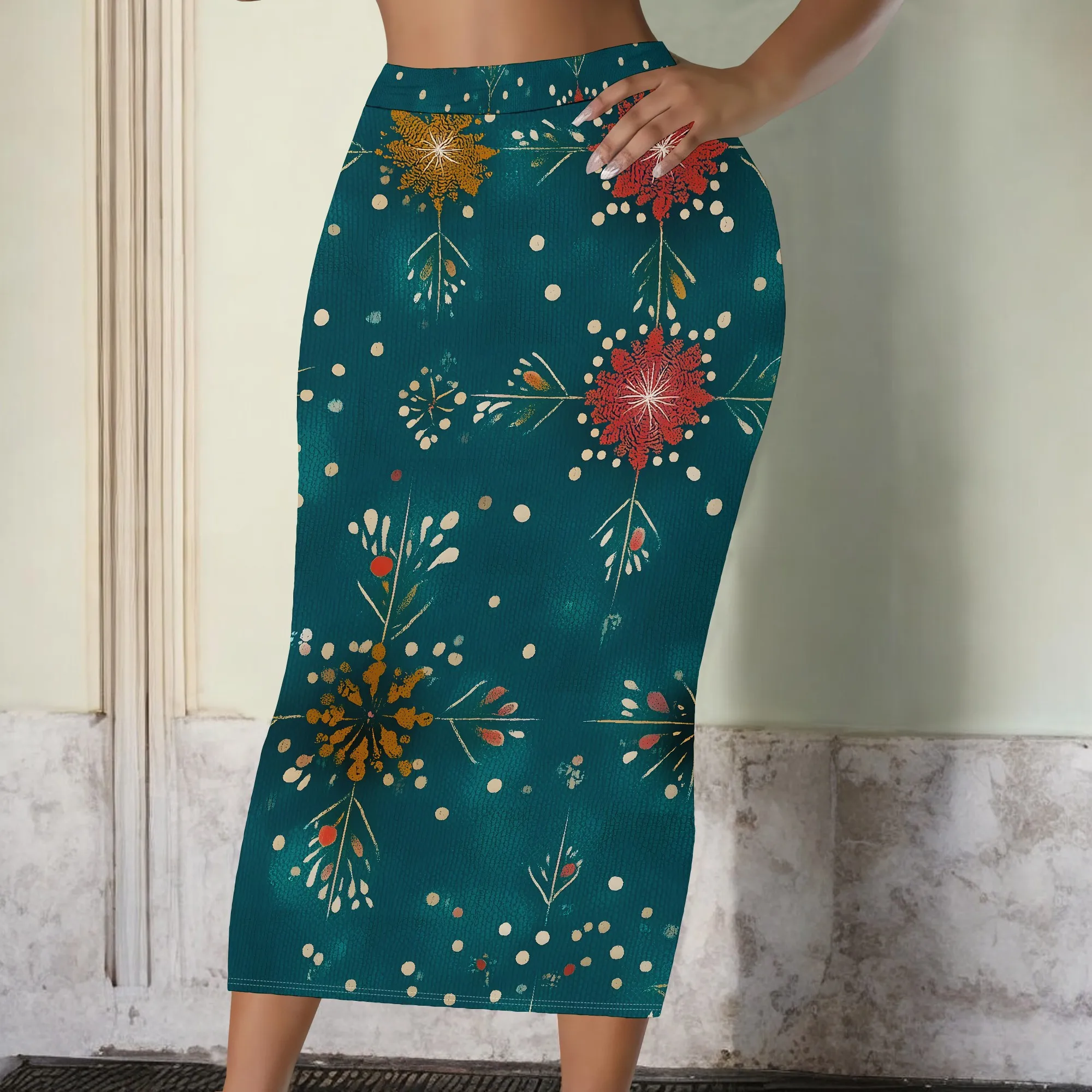 Floral Print Midi Skirt, Vintage Style Pencil Skirt, Teal Green with Red and Yellow Flowers, Office Wear or Casual Outfit, S-3XL