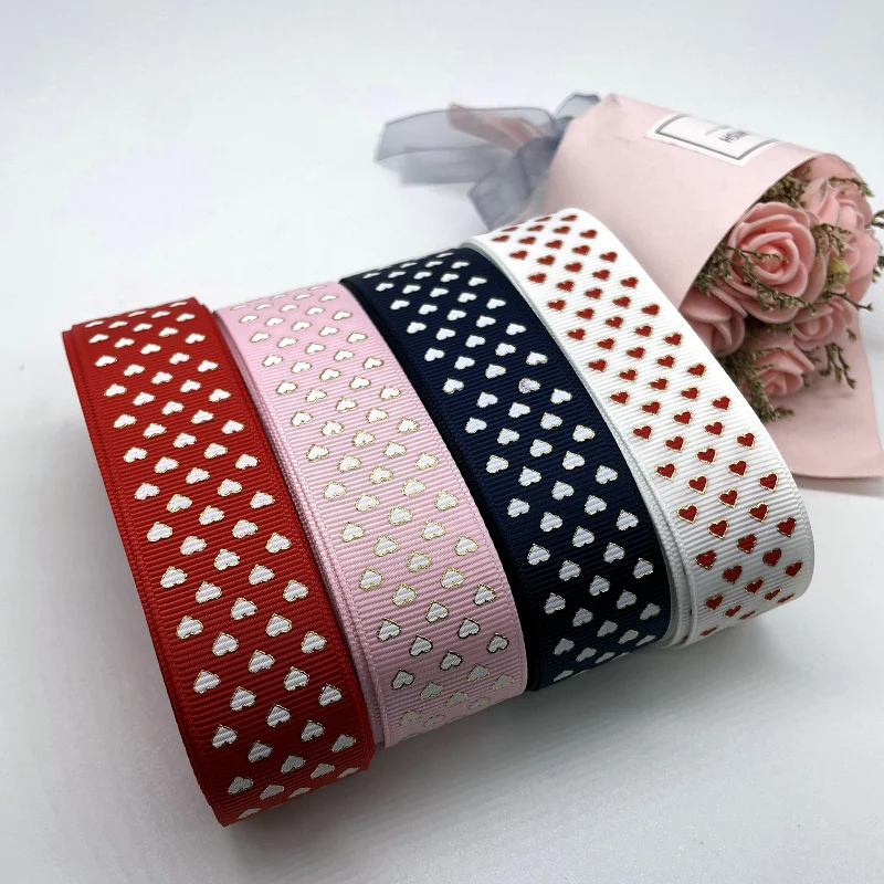 5 Meters Polyester Satin Ribbon Heart Printing Grosgrain Ribbons for Gift Wrapping DIY Wedding Decoration Hair Bow Crafts Fabric