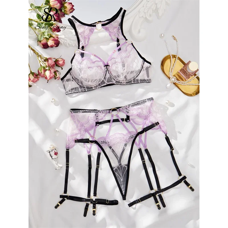 

SINGREINY Senior Erotic Underwear Suits Ladies High Quality Embroidery Sheer Hollow Out Sexy Lingerie Three Pieces Sets