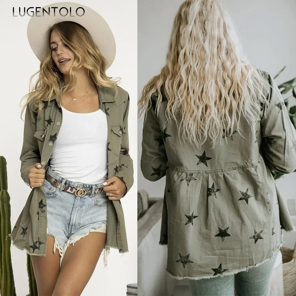 Vintage Denim Coat Stars Print Lapel Long Sleeve Single Breasted Jacket Female Pocket Loose Casual Street Coats Lugentolo