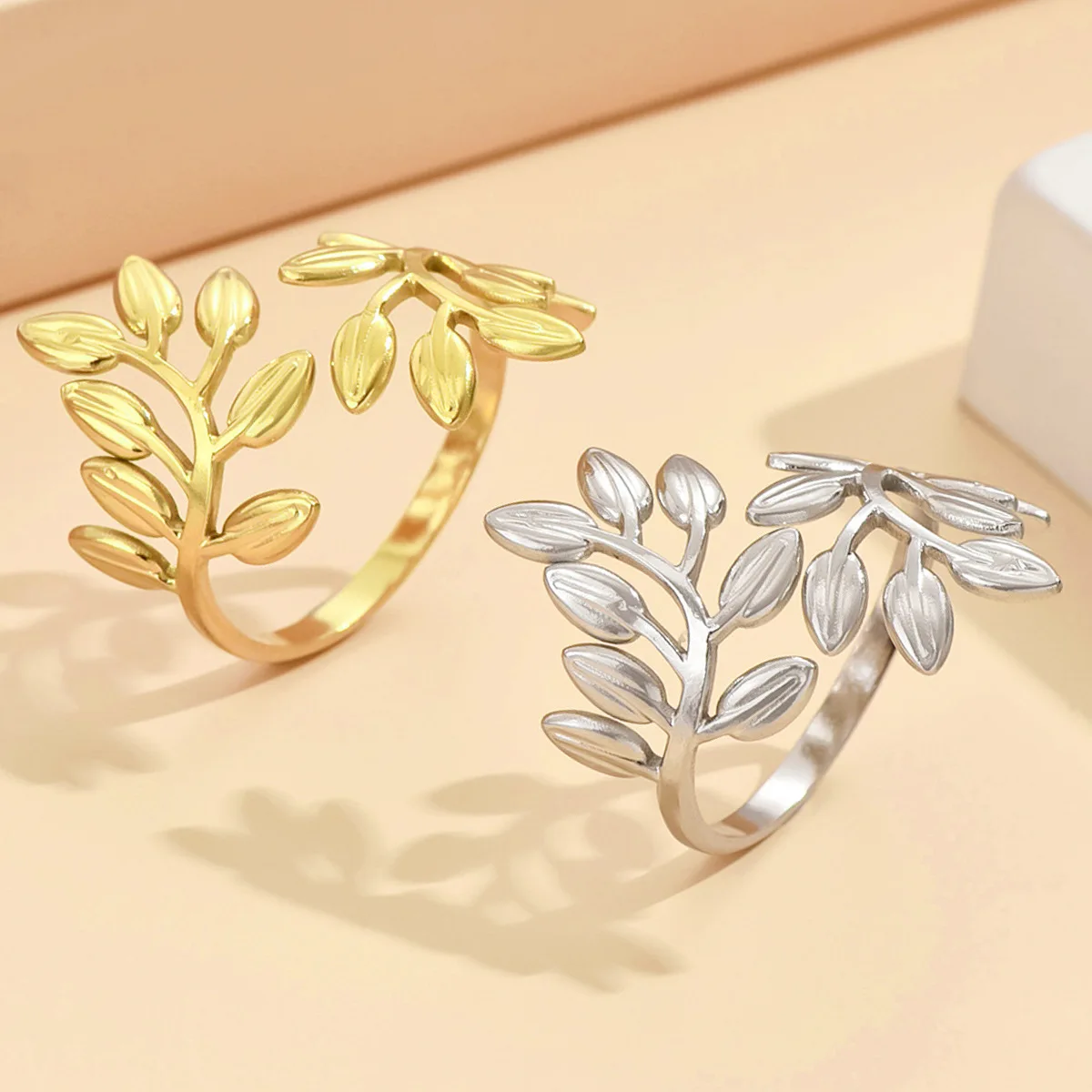 LAMENGLY 316L Stainless Steell Openwork leaves Open Ring Statement Minimalist Hollow Floral Band Jewelry Gift Party for Women