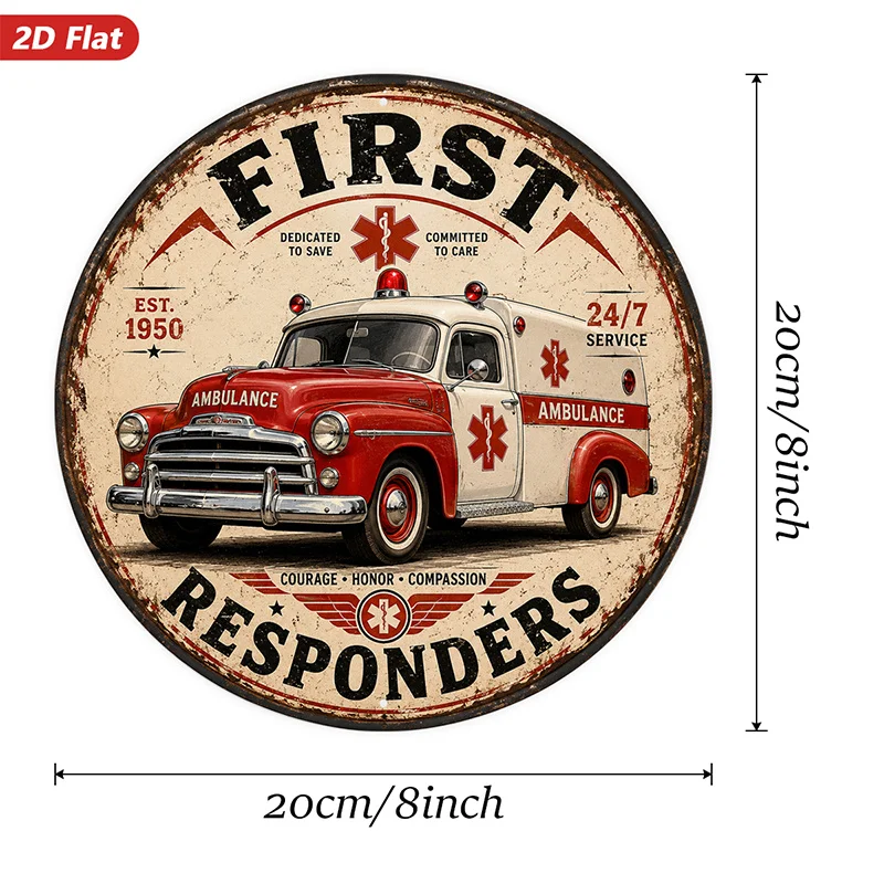 2D Flat, First Responders Round Metal Sign Wall Art, Vintage Ambulance Truck, Perfect for Kitchen Office, Home Decor