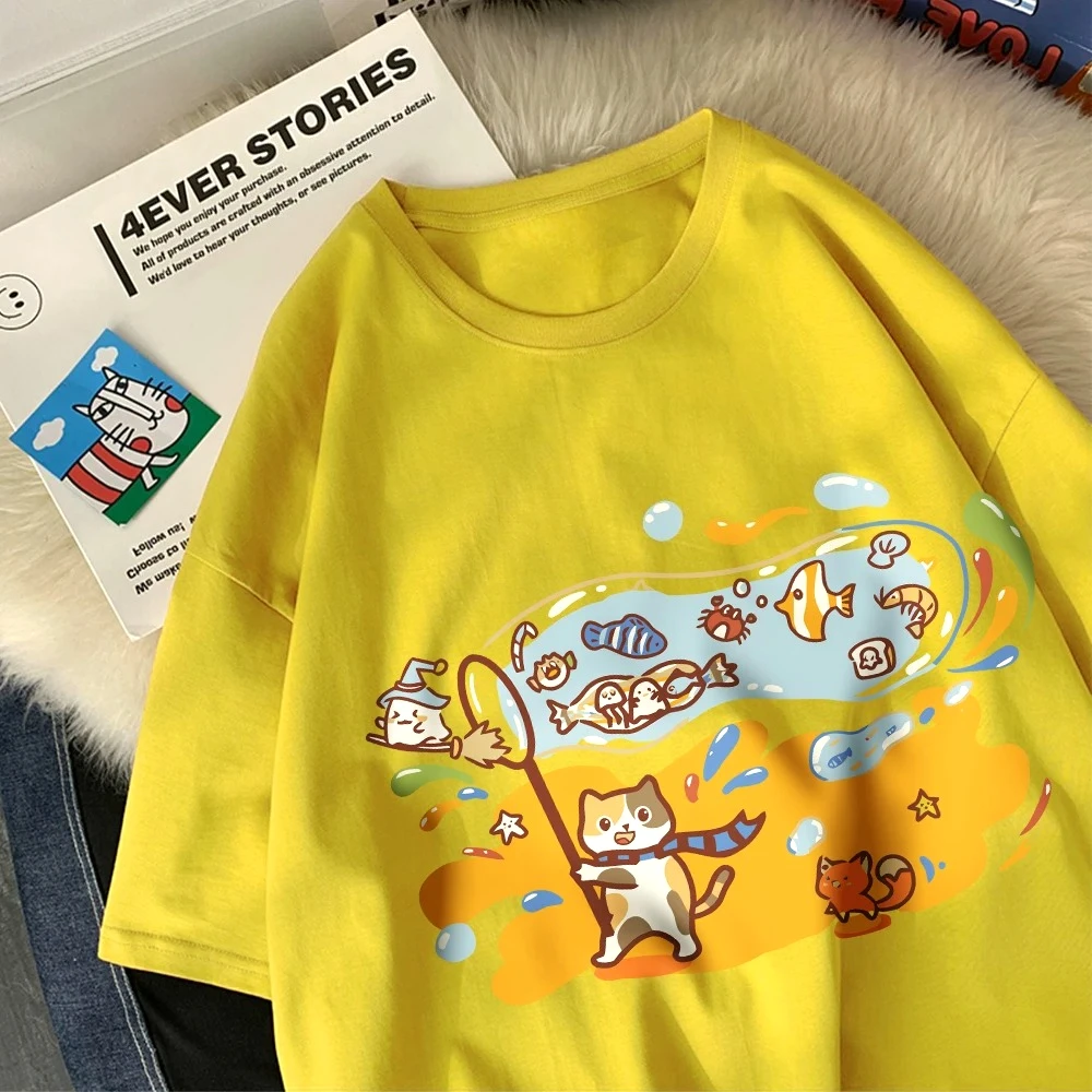 Small Fish in The Huge Bubblecotton Women T-Shirts Cartoons Printed Tops Round Neck Soft T Shirt Summer Casual Clothes