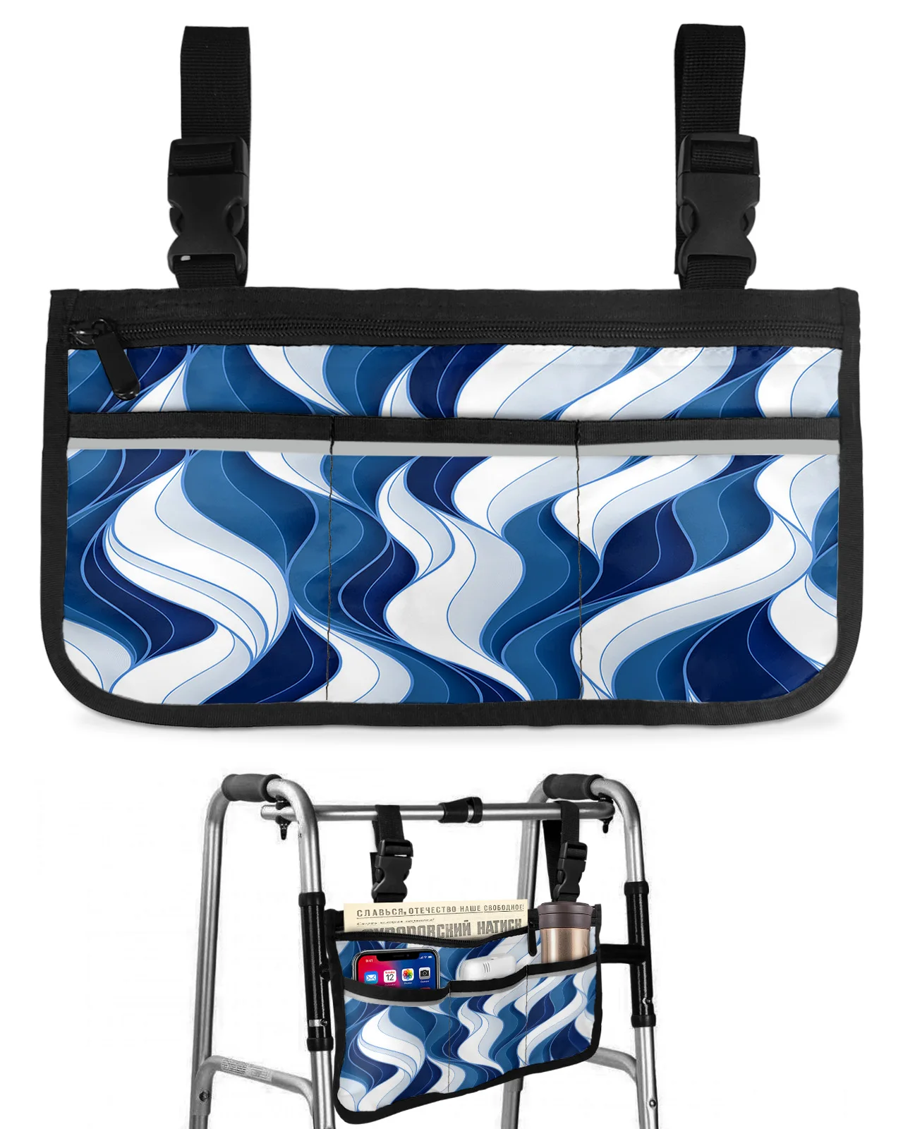 Dark Blue Wavy Abstract Lines Wheelchair Bag With Pockets Armrest Side Bags Electric Scooter Walking Frame Storage Pouch