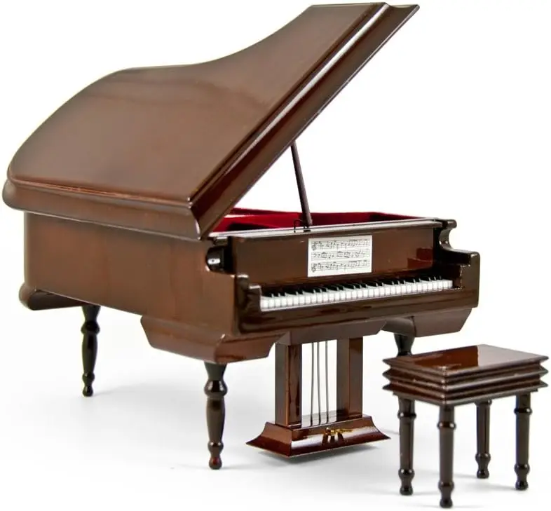 18-Note Miniature Grand Piano Music Box with Jewelry Compartment, High-Gloss Brown Finish and Bench, White Christmas