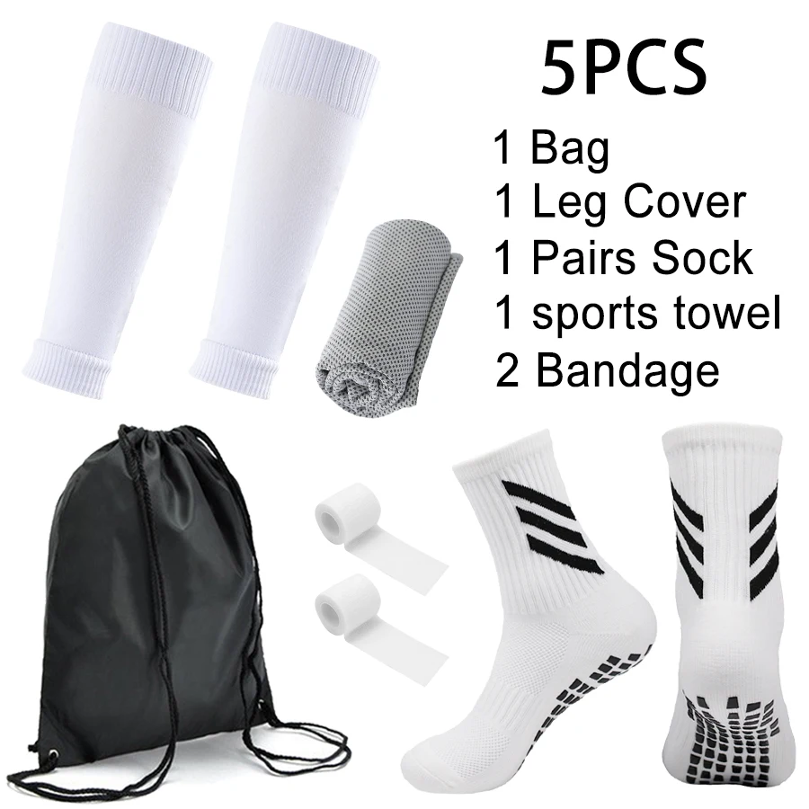 5PCS Set Grip Football Socks Non-Slip Running Socks High Elastic Bandage Leg Cover Drawstring Ball Bag Breathable Sports Towel