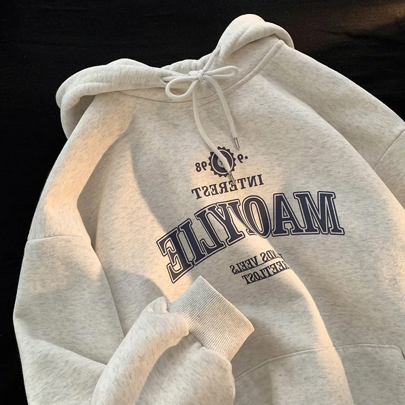

Gray Fleece-lined Oversized Hoodie Women's Comfortable Loose Fit Korean Style Long Sleeve Print Pocket Drawstring Sweatshirt