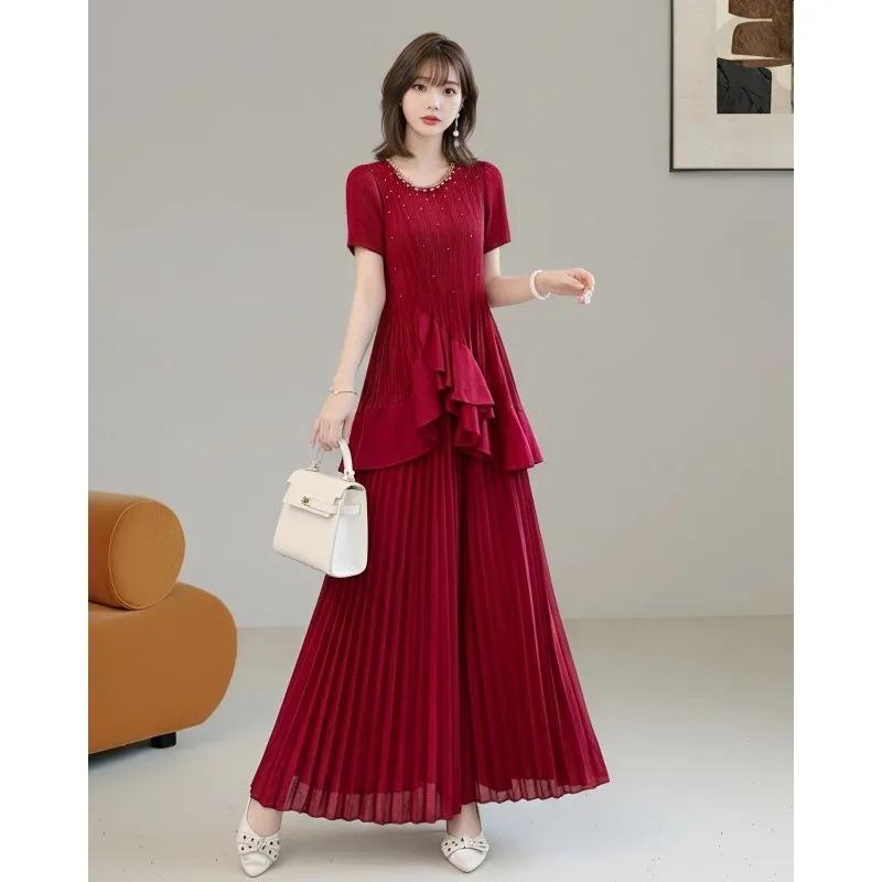 

Miyake Pleated Skirt Set 2026 Elegant Socialite Solid Skirt Set Summer Women's Short Sleeve Top Pleats Jupe Plisse Two-Piece Set