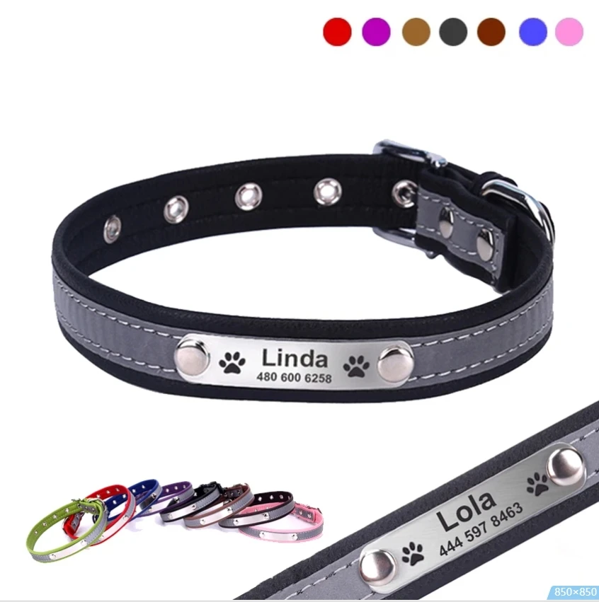 Personalized Dog Collar Leather Reflective Cat Collar Custom Engraved ID Tag Engraved For Puppy Large Dogs Pet accessories