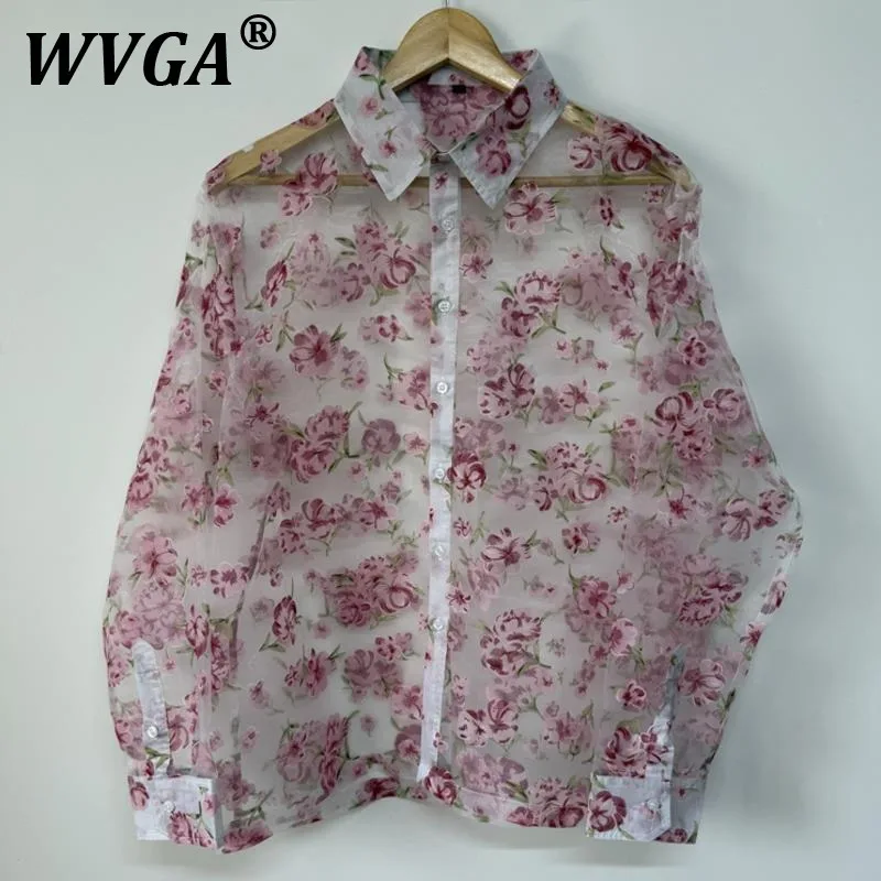 

WVGA Shirt Spring Autumn New Man Tide Pink Printed Sheer Organza Layered Design Trendy Niche Chic Casual Long Sleeve Tops W10933
