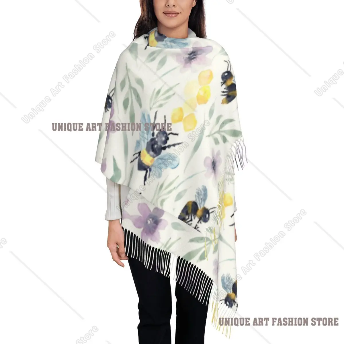 Custom Print Watercolor Bee Pollinators With Florals Scarf Men Women Winter Fall Warm Scarves Shawl Wrap