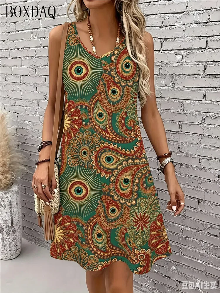 Summer Women's Casual Dress Round Neck Sleeveless Paisley Pattern Printed Loose Dress