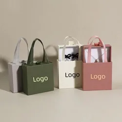 50 Set 9×9cm Handheld Ribbon Box Jewelry Box with Gold Foil Logo, Personalized Drawer Paper Box Customizable Logo