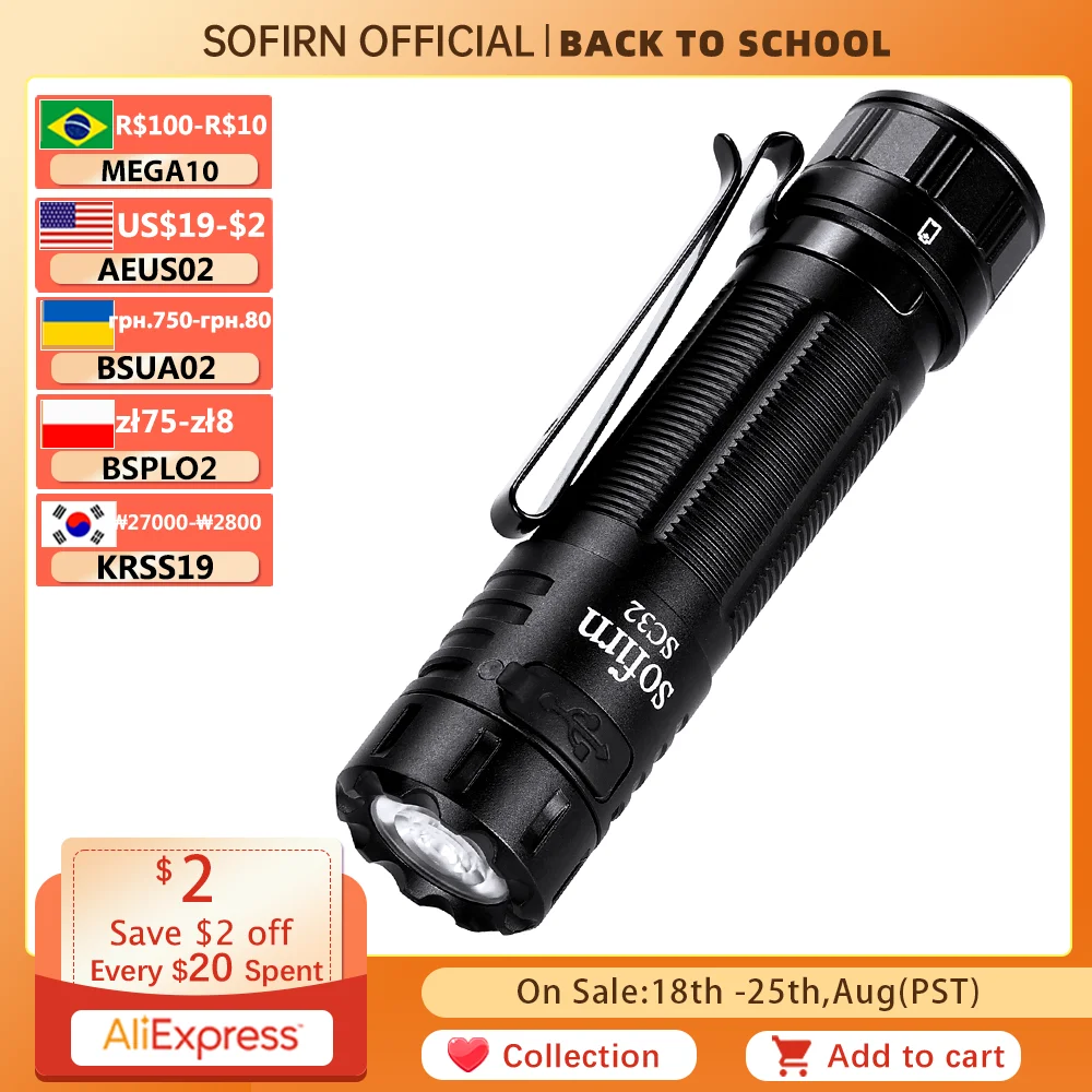 

Светодиодный фонарик Sofirn SC32 с зарядкой от USB C, карманный тактический мини-фонарь с регулируемой яркостью и переключателем, макс. 2000 люмен