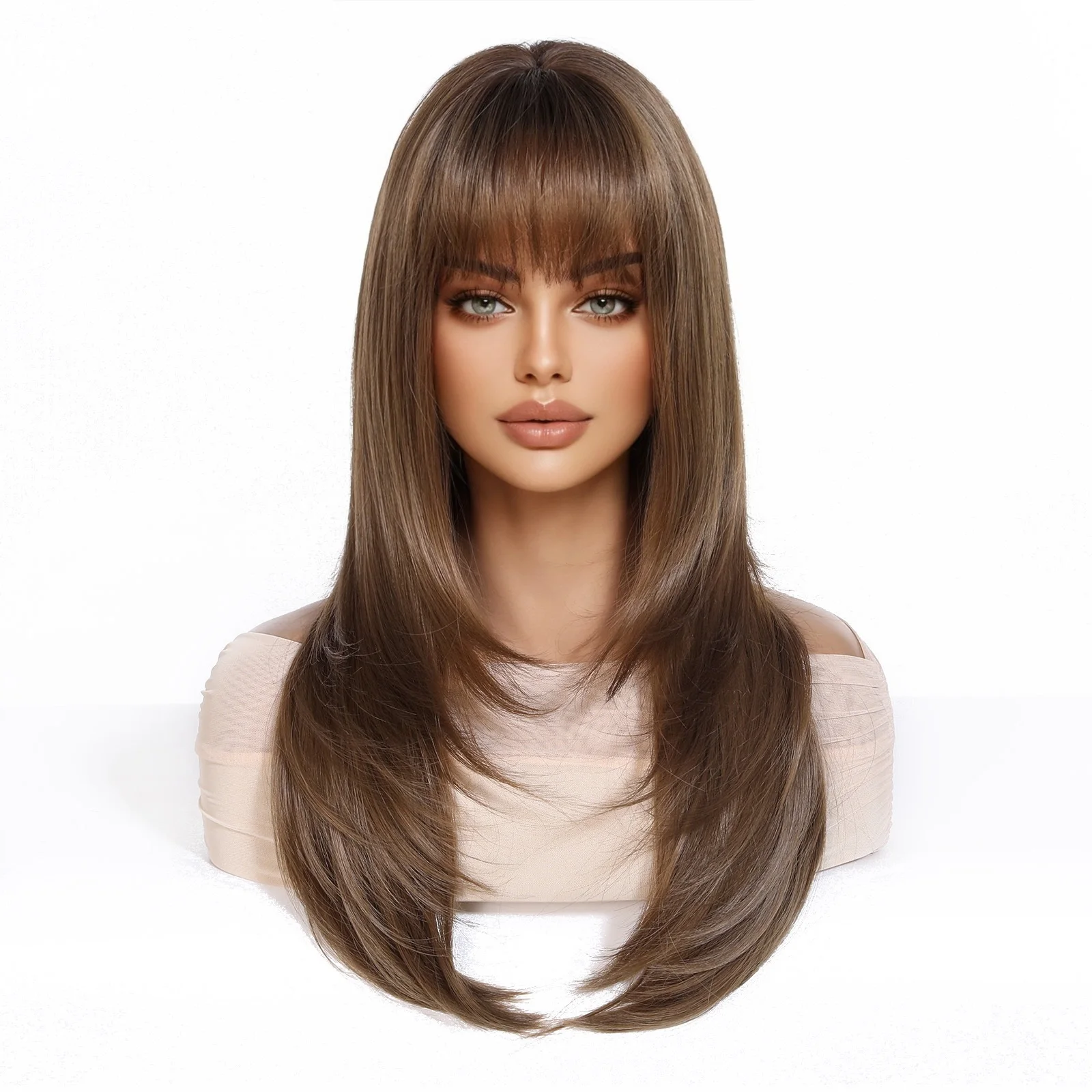 Brown Ombre Long Straight Synthetic Wig with Bangs High Low Layer Cut for Natural Look Heat Resistant Cosplay Daily Use Hair