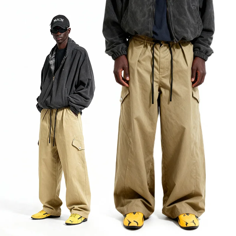 Men's 2025 Autumn New Arrival Japanese Retro Wide-Leg Casual Cargo Pants with Rivets & False Pockets Elastic Design